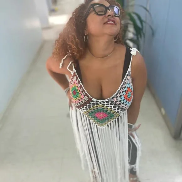 NWT 🏖️ BLACK CROCHETED FRINGED SWIM COVER-UP COLOR BLOCK BEACH DRESS One Size - Picture 9 of 10